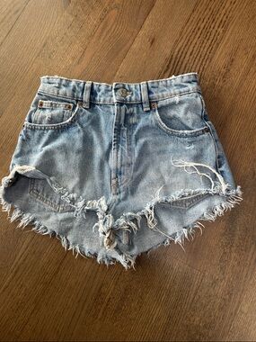Zara Light Blue Frayed High-Waist Denim Shorts